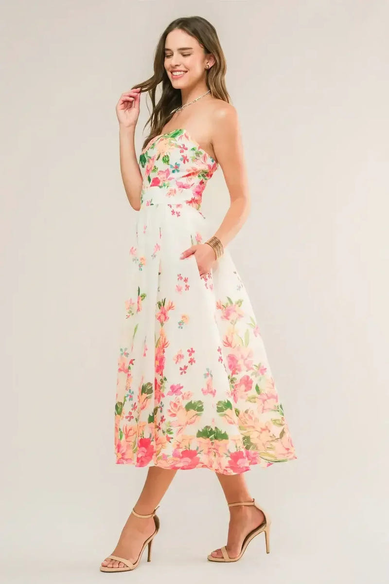 BRUNCH BOUQUET - STRAPLESS FLORAL MIDI DRESS
