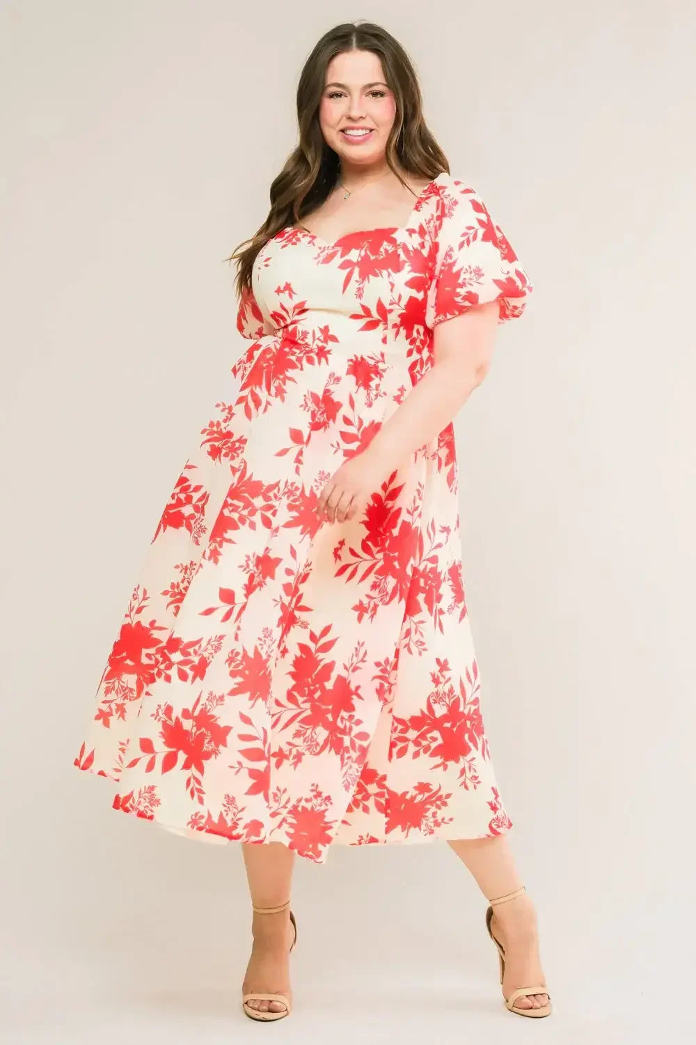COTTAGE GARDEN PUFF SLEEVE MIDI DRESS - RED