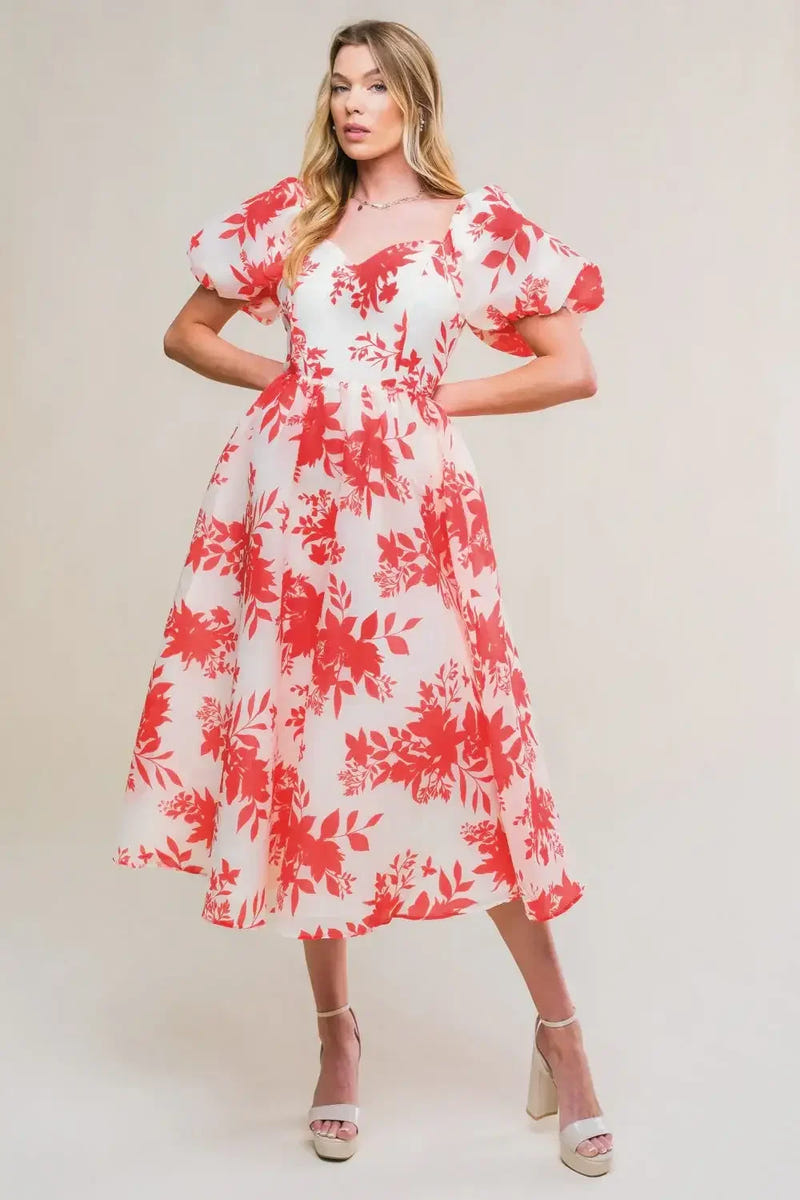 COTTAGE GARDEN PUFF SLEEVE MIDI DRESS - RED
