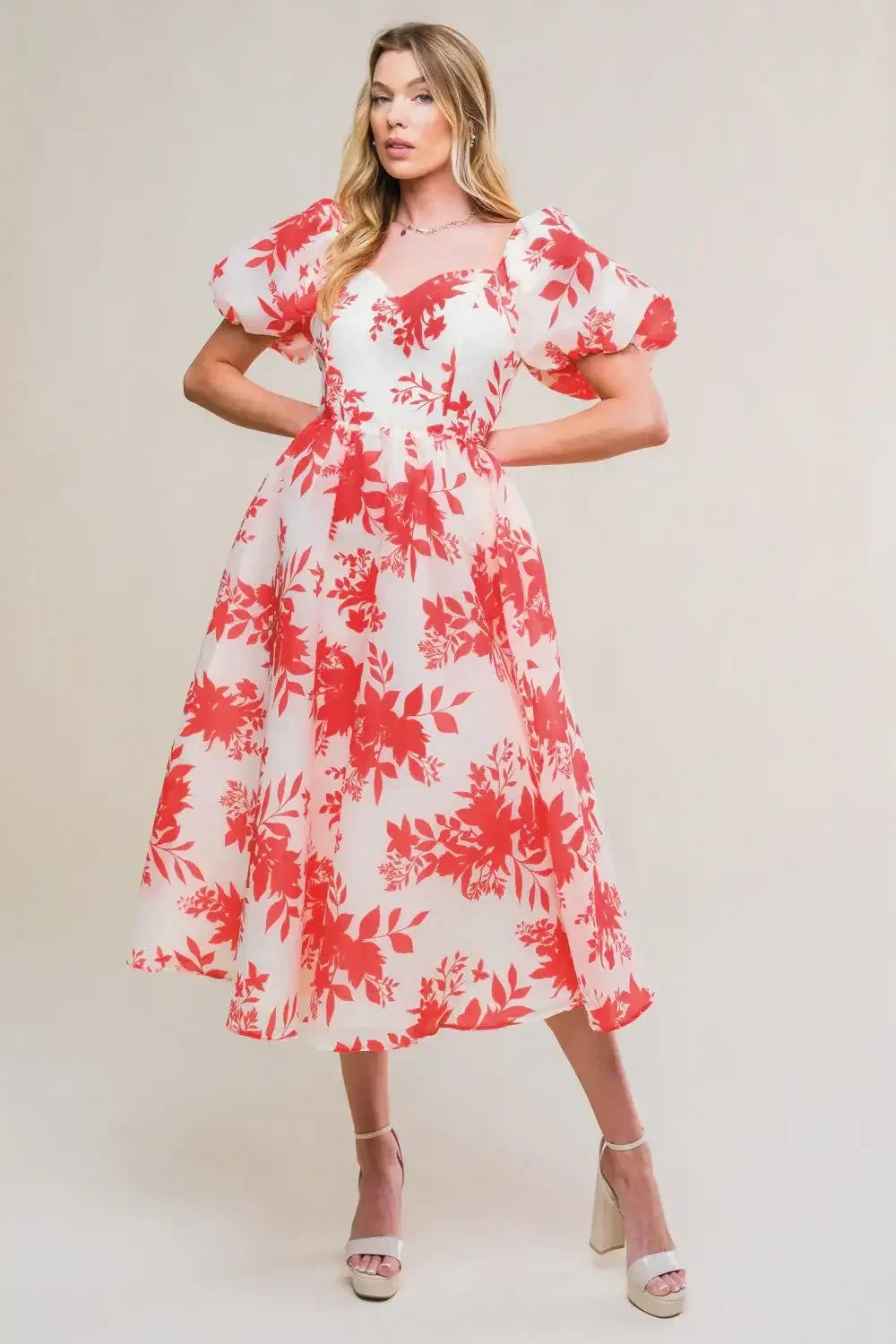 ISLAND FLOWERS PUFF SLEEVE MIDI DRESS - CORAL ISLAND FLOWERS PUFF SLEEVE MIDI DRESS - CORAL