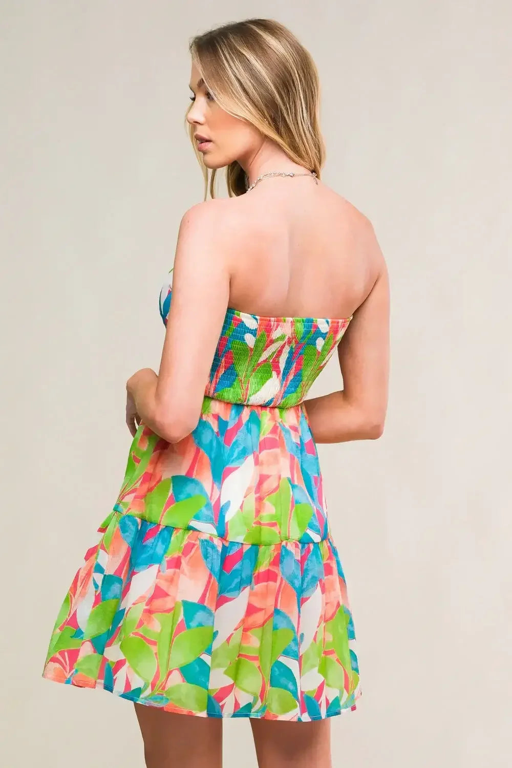 LYNDA STRAPLESS LEAF PRINT MINI DRESS