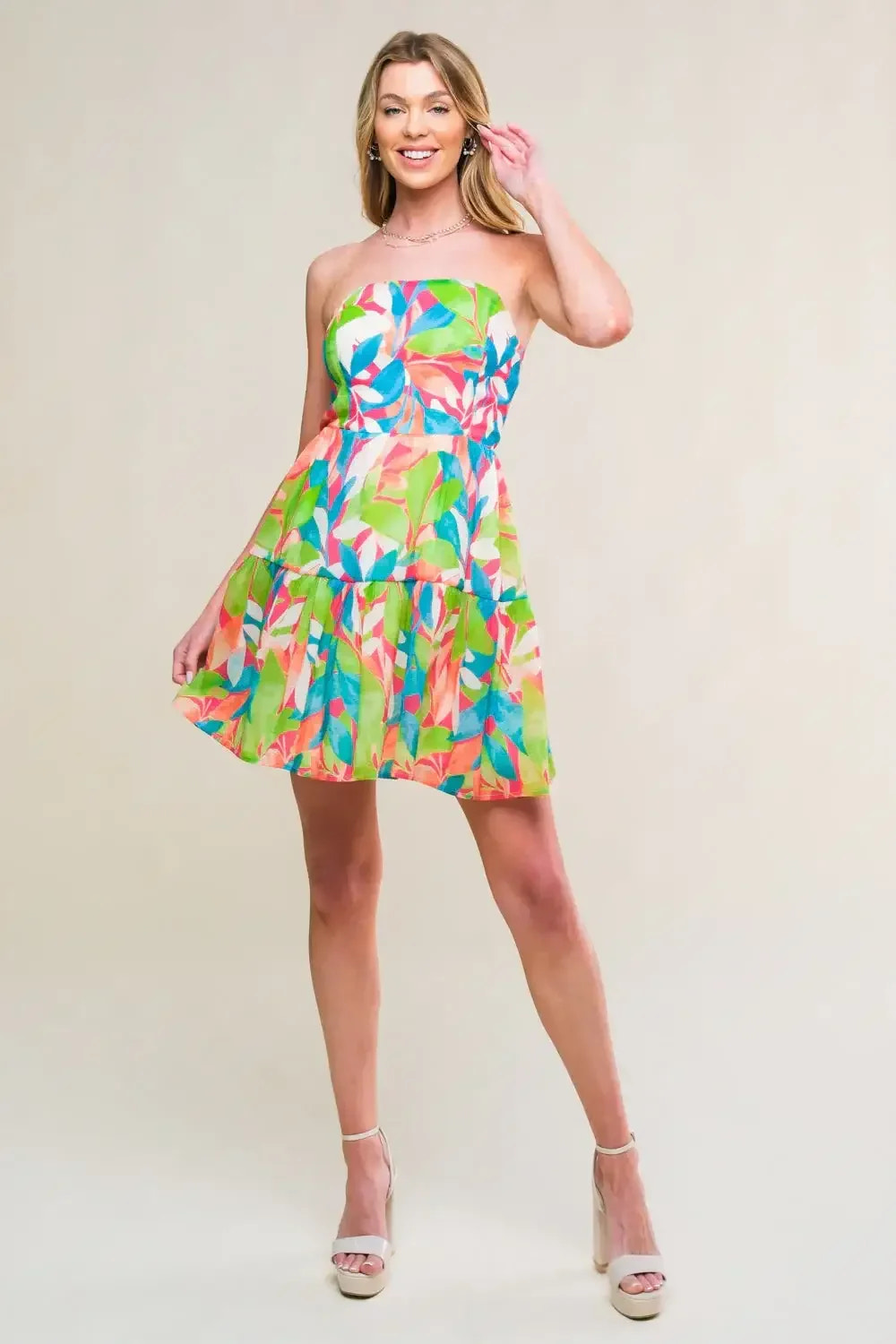 LYNDA STRAPLESS LEAF PRINT MINI DRESS