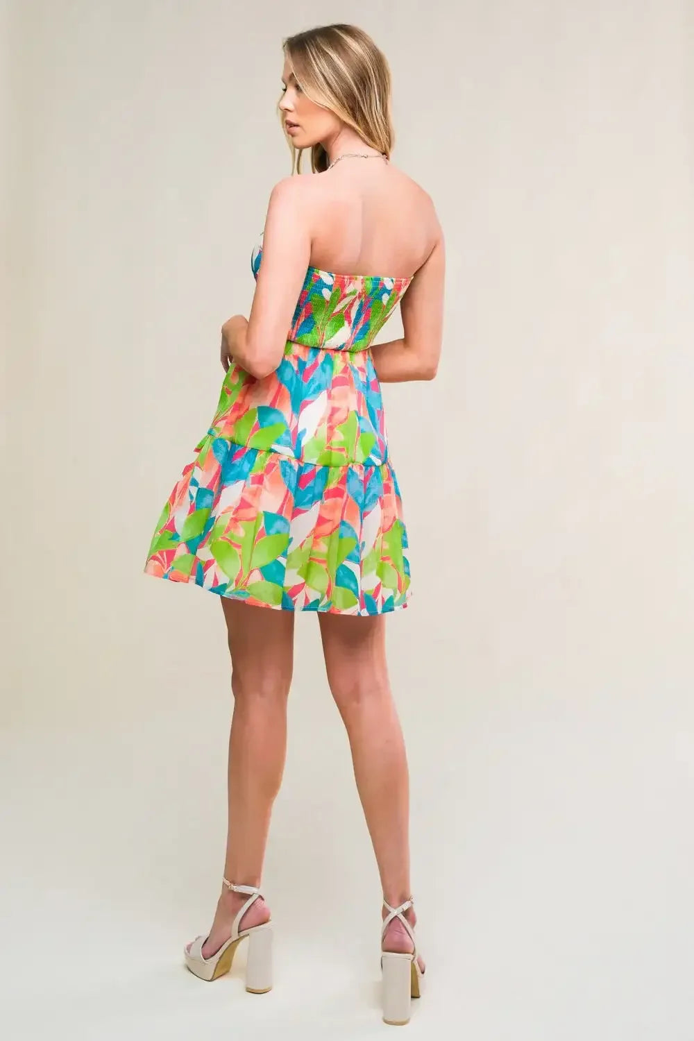 LYNDA STRAPLESS LEAF PRINT MINI DRESS
