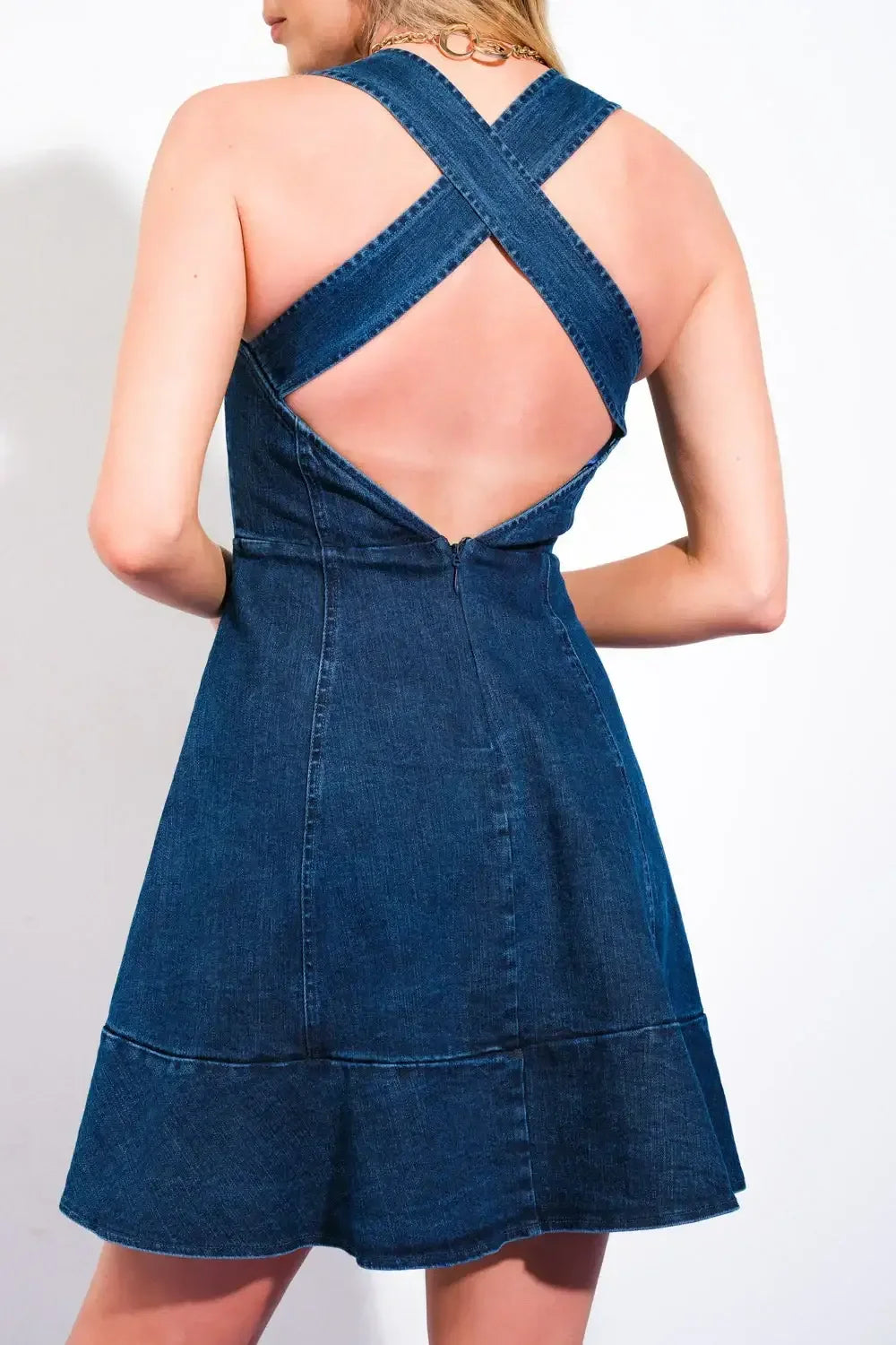 EASYGOING DAYS - INDIGO - CRISS CROSS BACK DENIM MINI DRESS