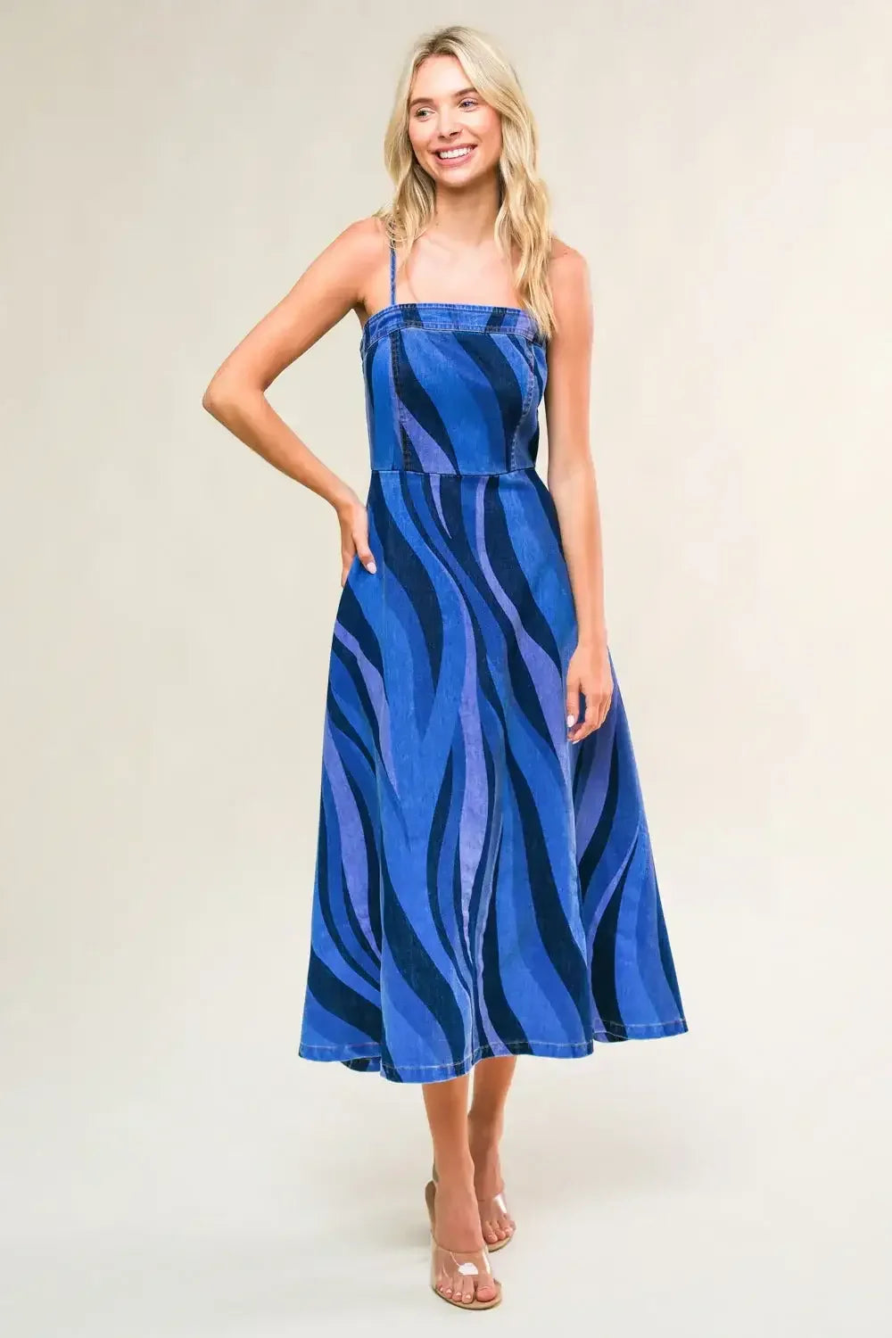 BLUE WAVES - PATTERNED DENIM MIDI DRESS