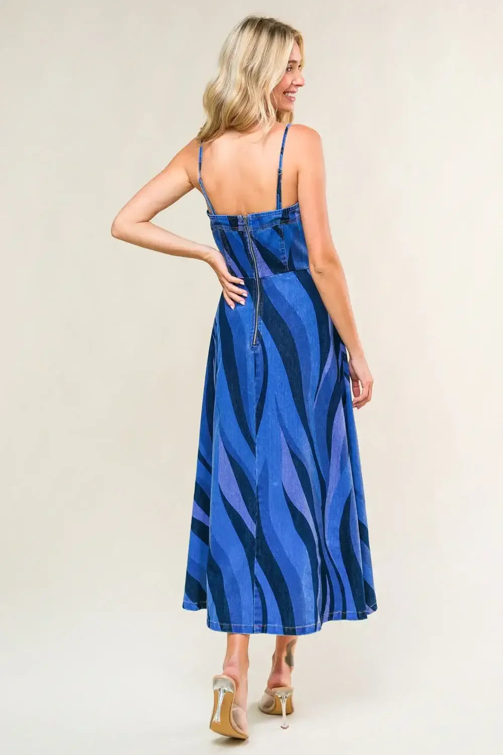 BLUE WAVES - PATTERNED DENIM MIDI DRESS