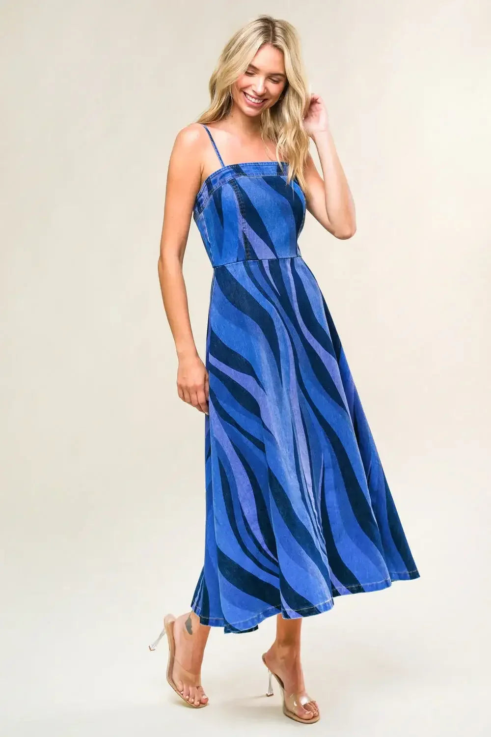 BLUE WAVES - PATTERNED DENIM MIDI DRESS