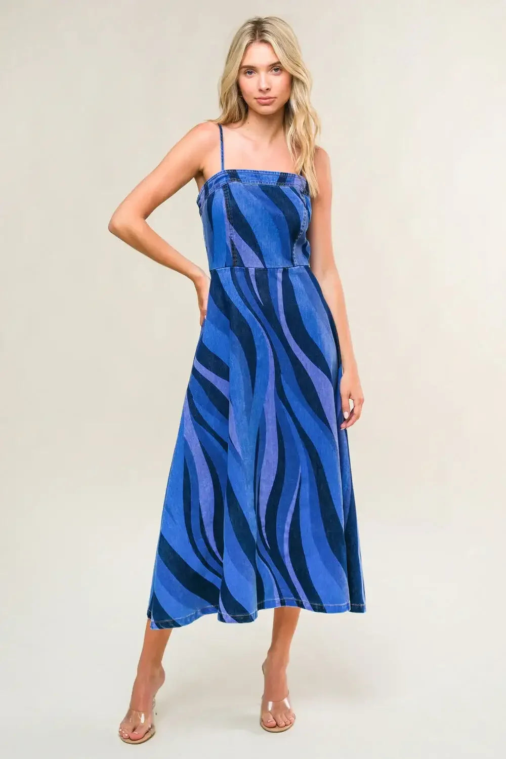 BLUE WAVES - PATTERNED DENIM MIDI DRESS