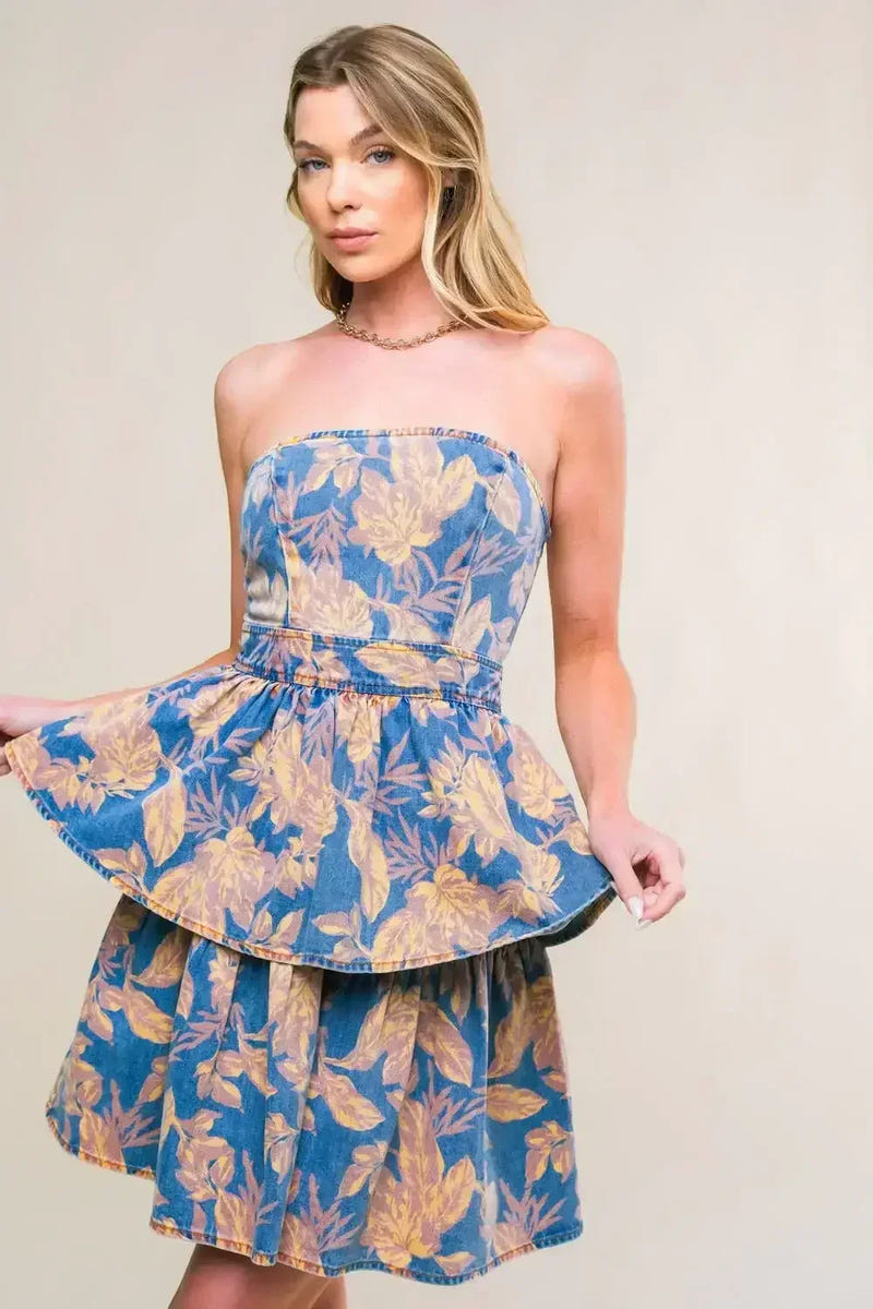 SUMMER MOMENTS - STRAPLESS FLORAL DENIM MINI DRESS
