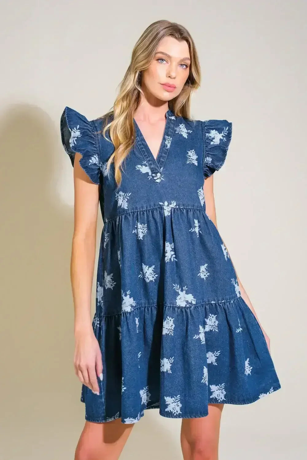 ROMANTICALLY ENTANGLED - FLORAL DENIM MINI DRESS