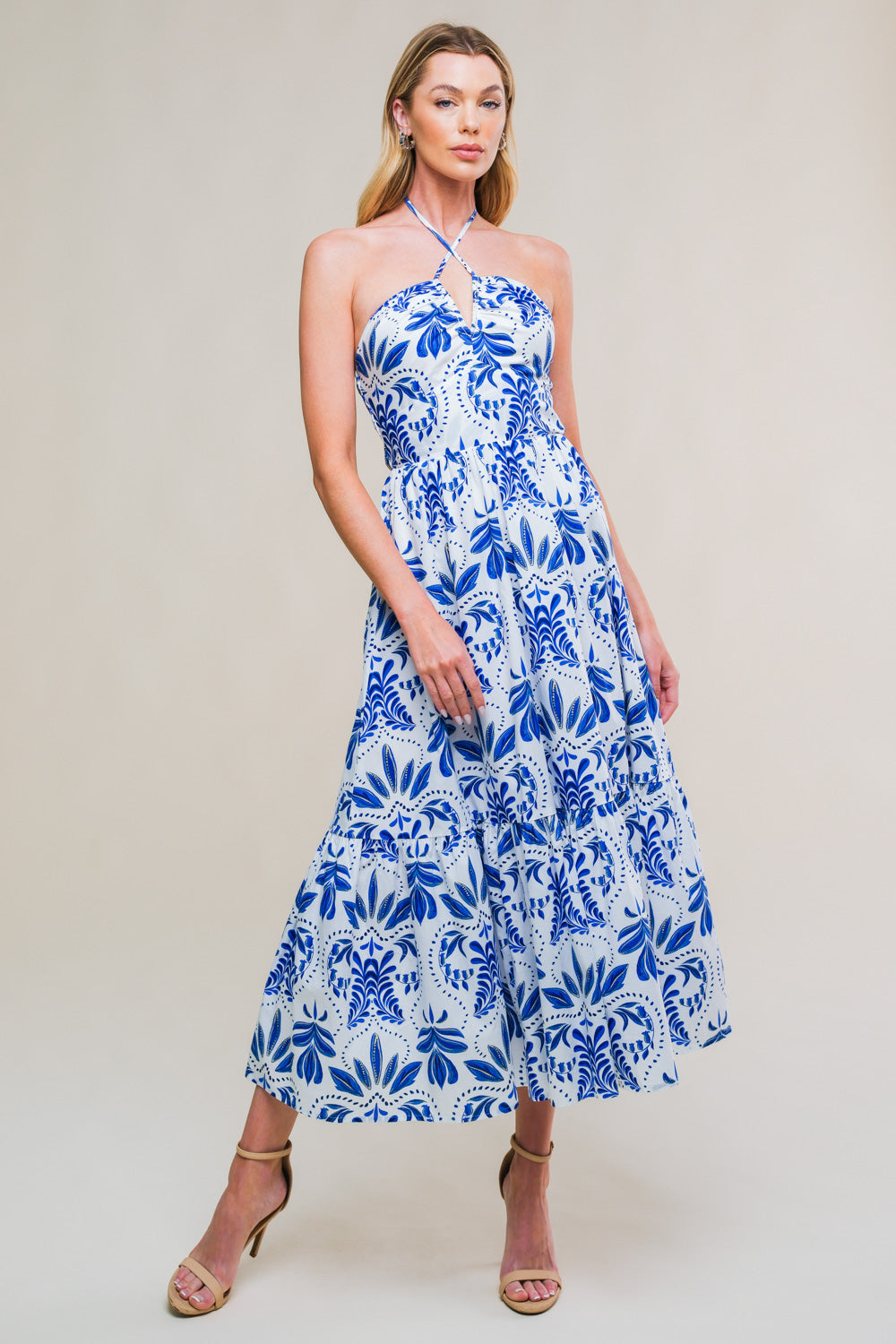 Flaherty Blue & White Halter Midi Dress – Lady Black Tie
