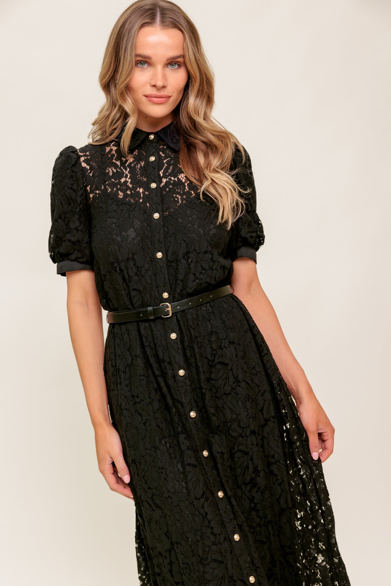 LUKA LACE SHIRT DRESS | Black Puff Sleeve LACE Button Down | Lady Black Tie Black / L LUKA LACE SHIRT DRESS | Black Puff Sleeve LACE Button Down | Lady Black Tie Black / L