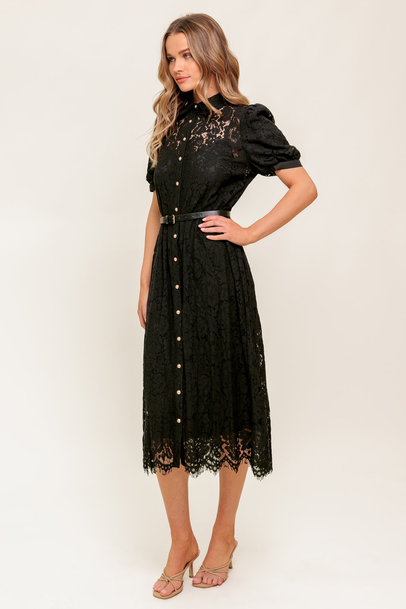 Luka Lace Shirt Dress | Black Puff Sleeve Lace Button Down | Lady Black Tie Black / L Luka Lace Shirt Dress | Black Puff Sleeve Lace Button Down | Lady Black Tie Black / L