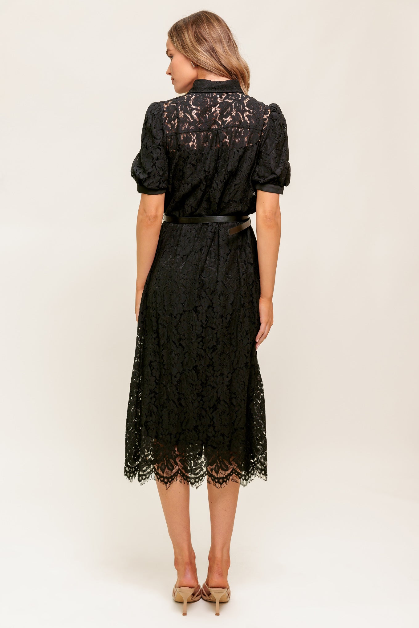 LUKA LACE SHIRT DRESS | Black Puff Sleeve LACE Button Down | Lady Black Tie Black / L LUKA LACE SHIRT DRESS | Black Puff Sleeve LACE Button Down | Lady Black Tie Black / L