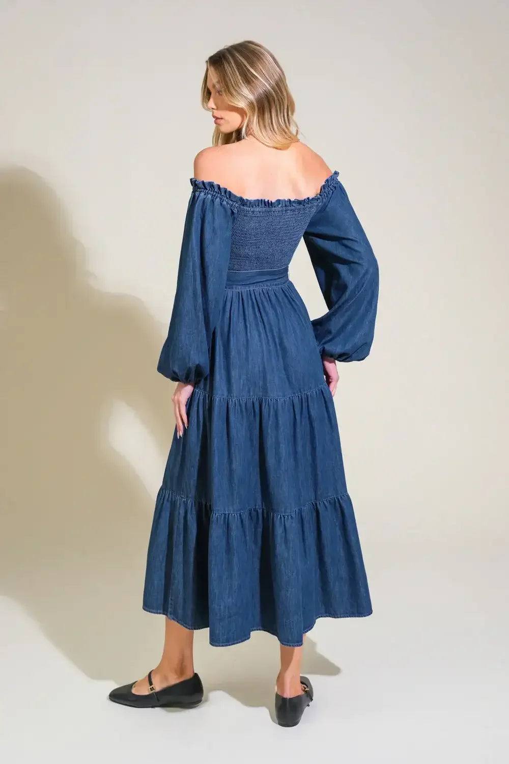 ARTISTIC IMPULSE - LONG SLEEVE OFF-THE-SHOULDER DENIM MIDI DRESS
