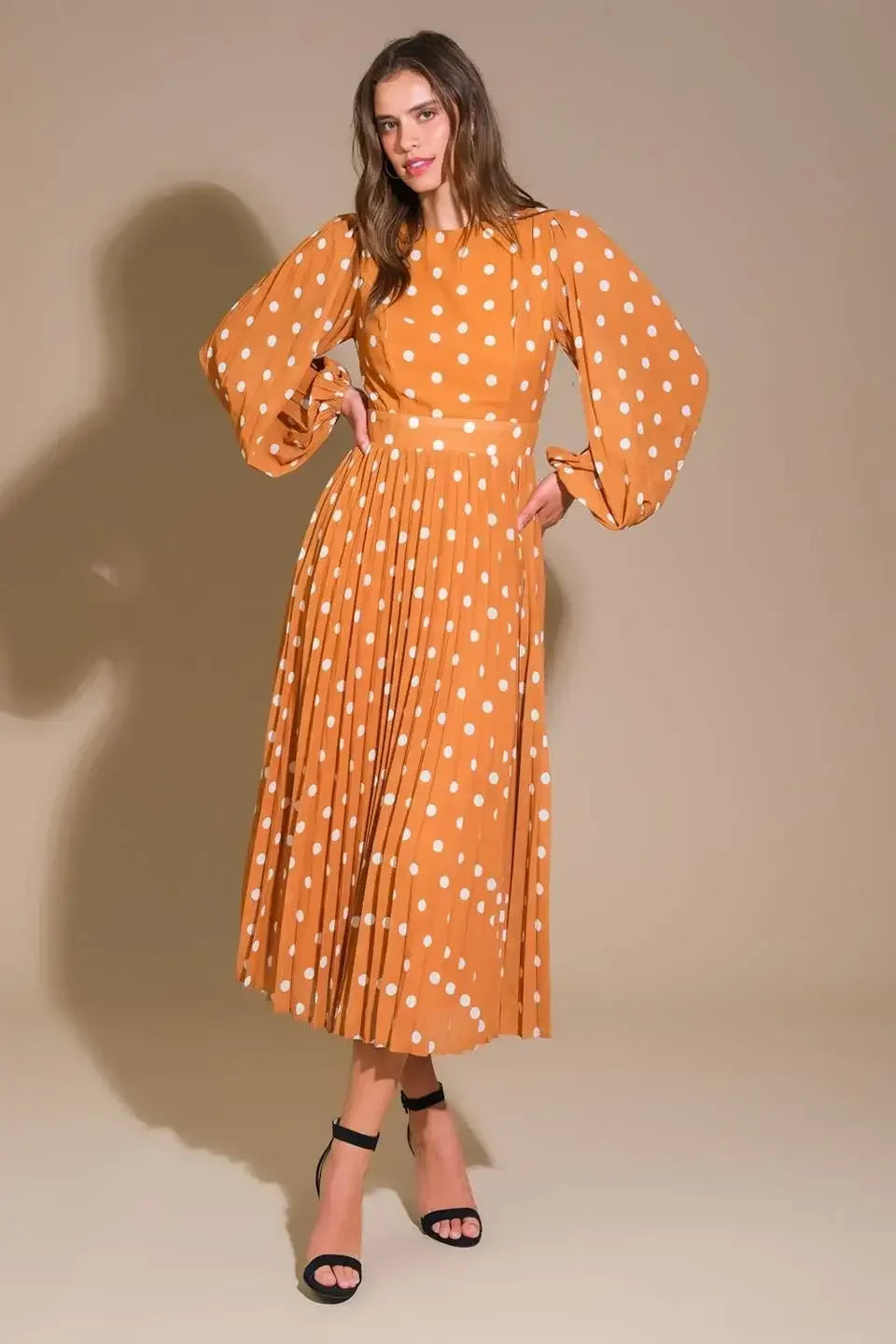 MOMENT MAKER LONG SLEEVE POLKA DOT MIDI DRESS