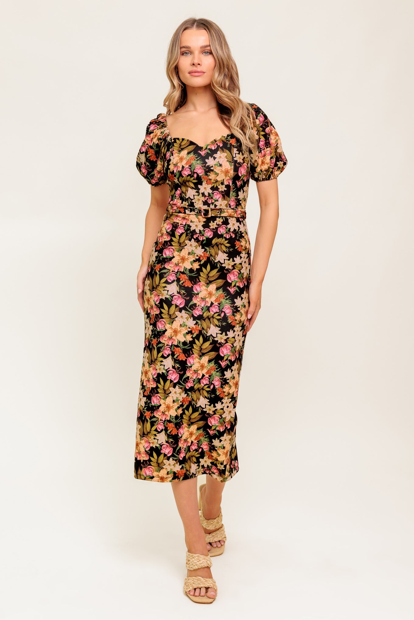 Lady Black Tie - Sweet At Heart Midi Dress - Black Floral Fitted Dress - Size S Lady Black Tie - Sweet At Heart Midi Dress - Black Floral Fitted Dress - Size S
