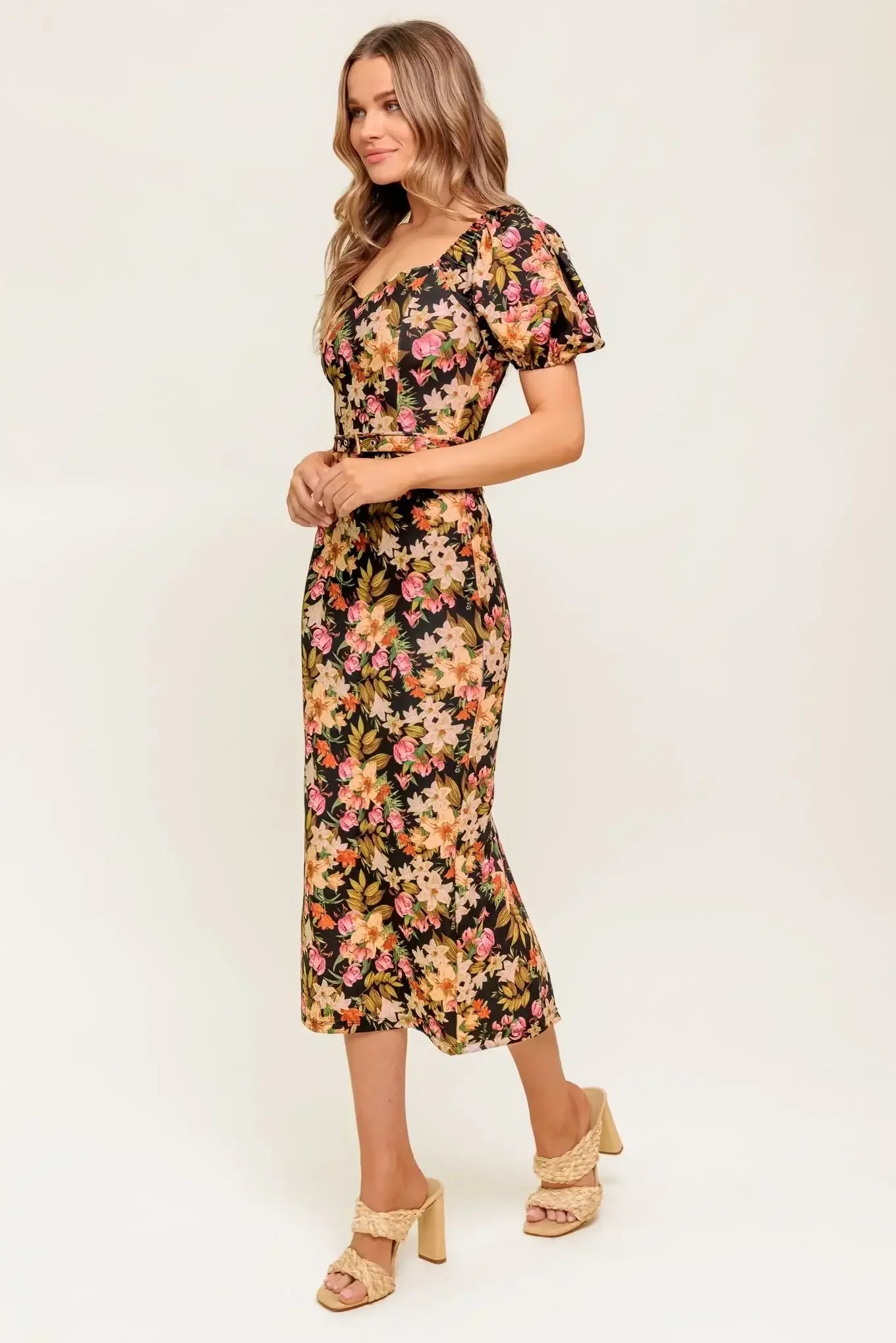 SWEET AT HEART MIDI DRESS - BLACK FLORAL FITTED DRESS