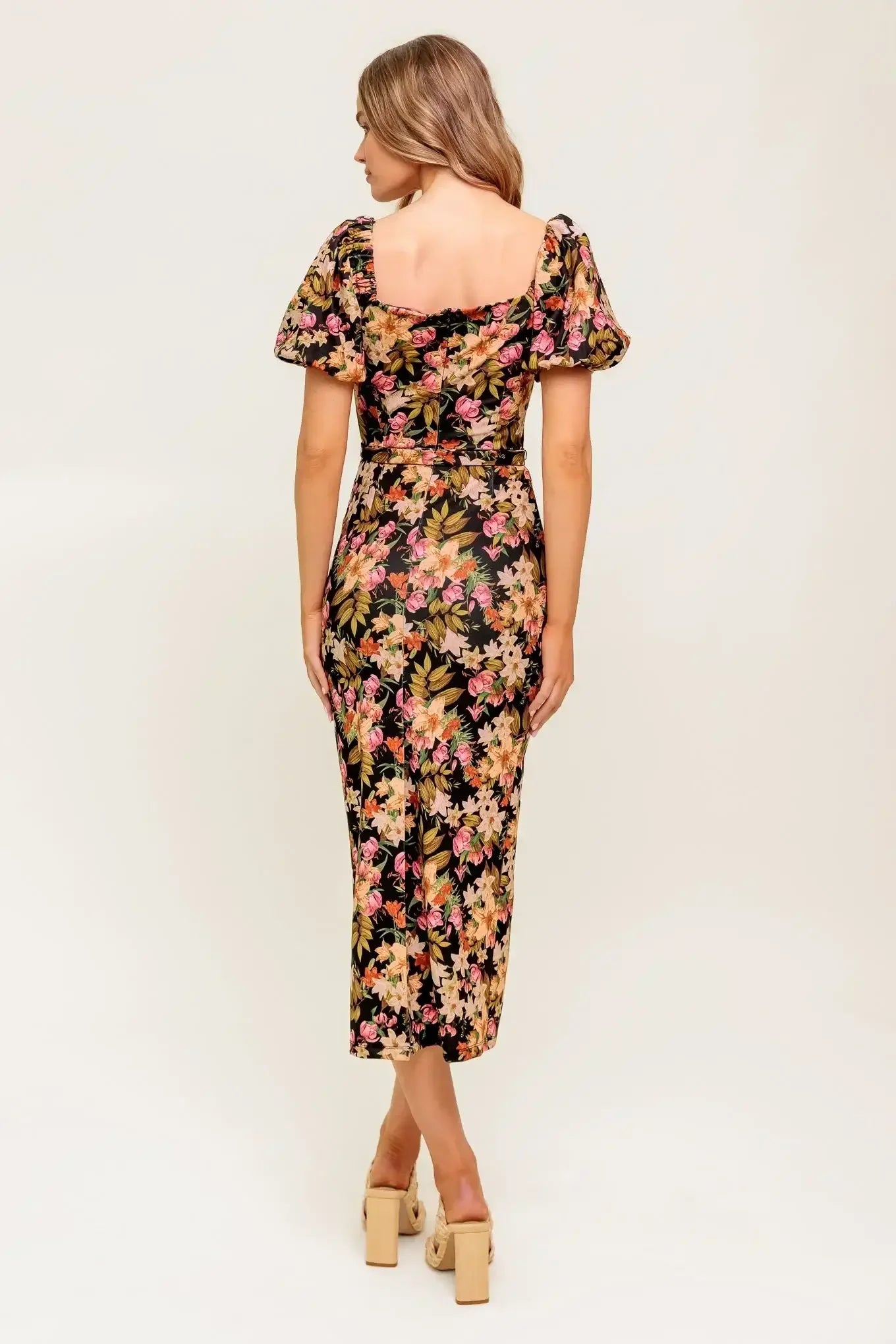 SWEET AT HEART MIDI DRESS - BLACK FLORAL FITTED DRESS