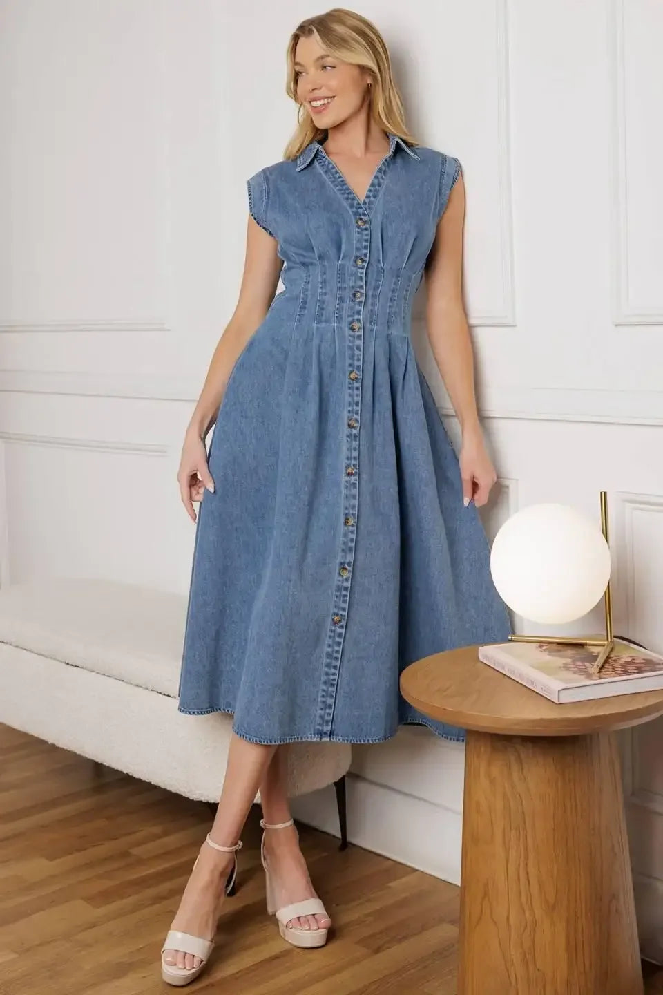 ROSES OF LOVE - CINCHED WAIST DENIM MIDI DRESS