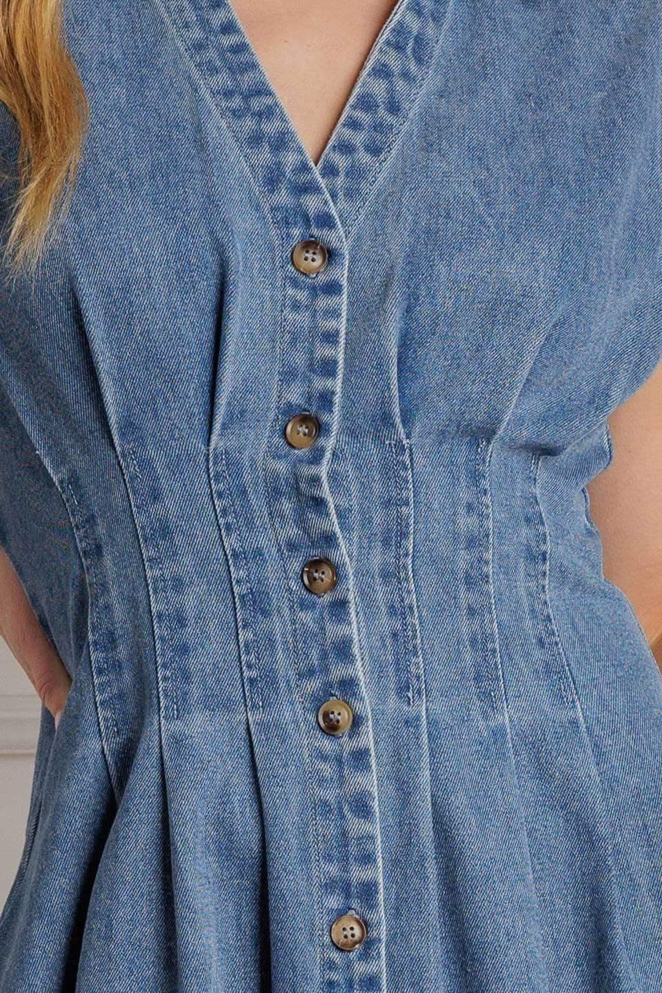 ROSES OF LOVE - CINCHED WAIST DENIM MIDI DRESS