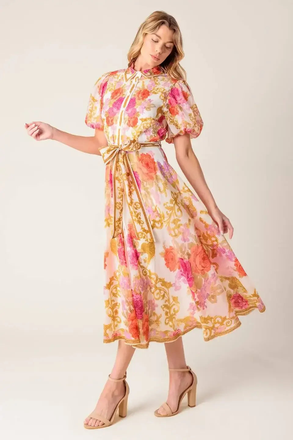 FLORAL ELEGANCE - PUFF SLEEVE MIDI DRESS