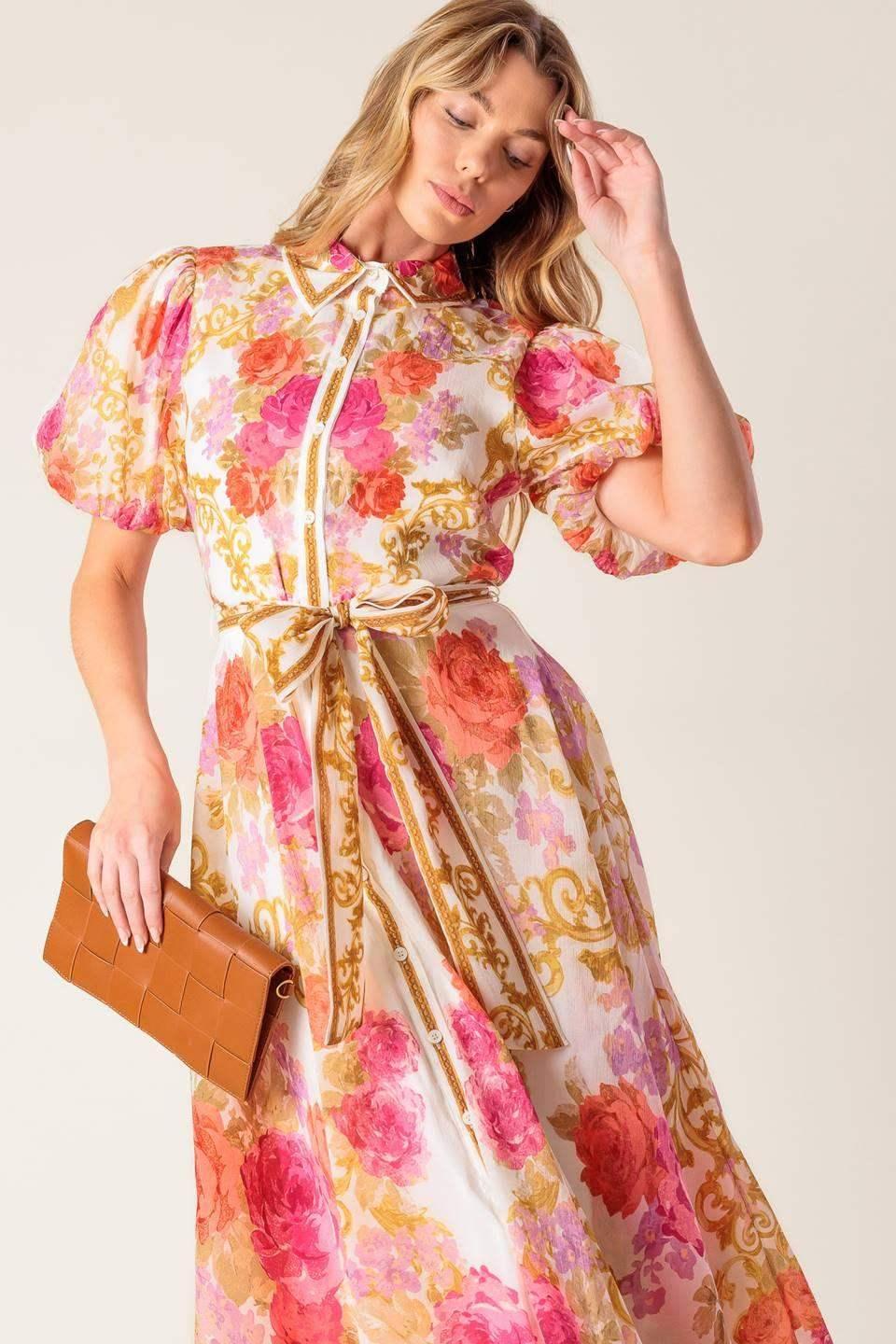 FLORAL ELEGANCE - PUFF SLEEVE MIDI DRESS