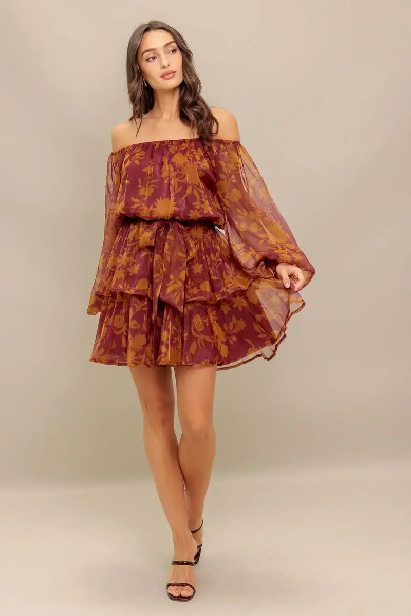 Destiny Maroon Floral Long Sleeve Mini Dress
