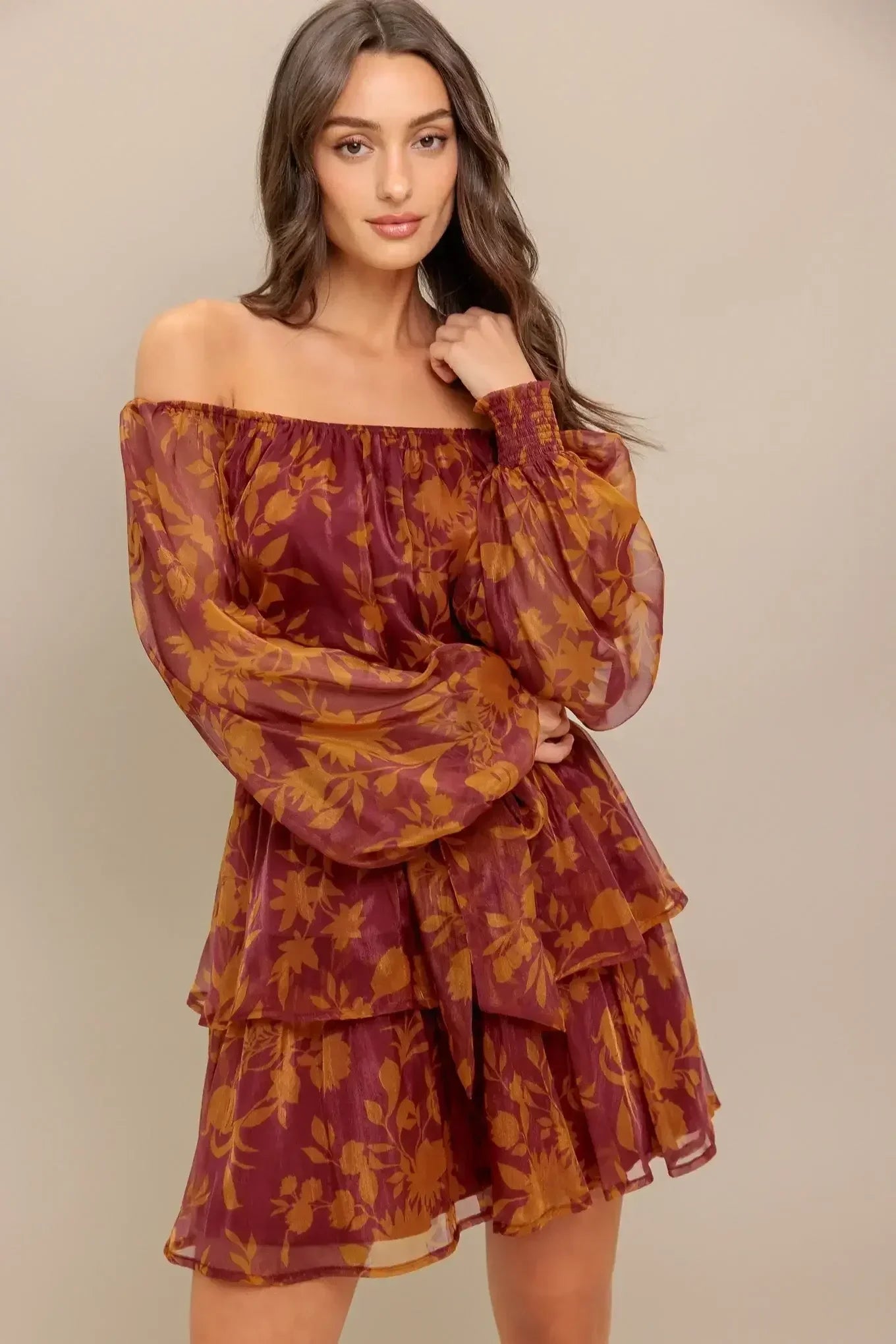 Destiny Maroon Floral Long Sleeve Mini Dress