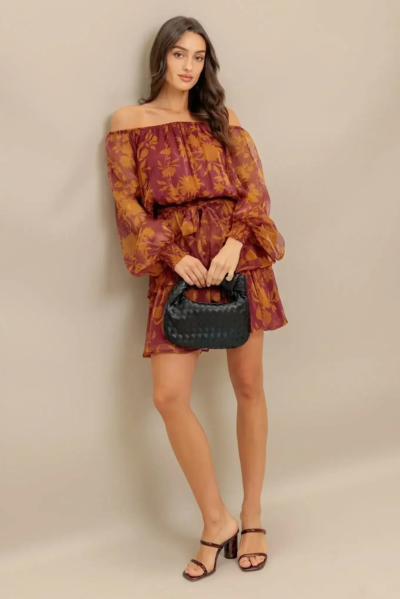 Destiny Maroon Floral Long Sleeve Mini Dress