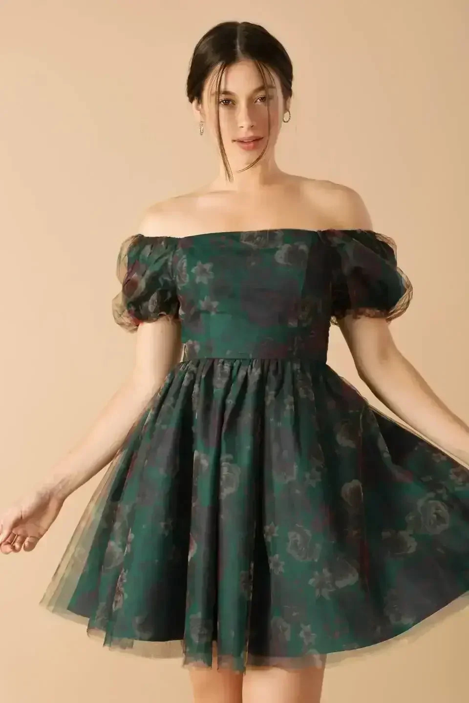 floral woven organza mini dress with short puff sleeves and an off-shoulder neckline, in a green and red color scheme