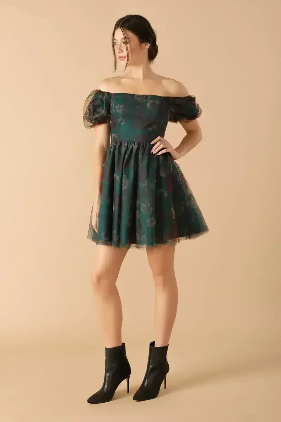 floral woven organza mini dress with short puff sleeves and an off-shoulder neckline, in a green and red color scheme