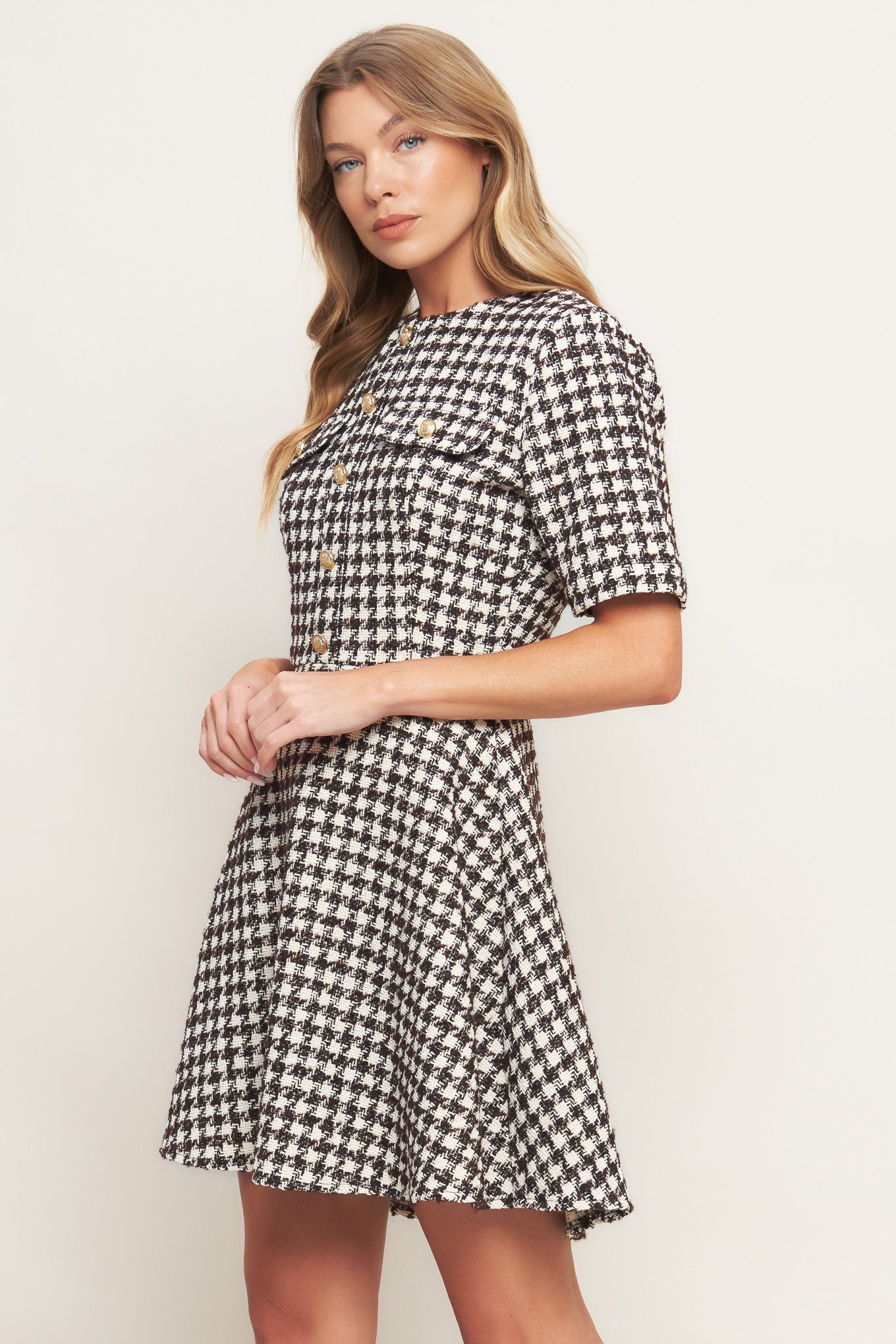 ELEGANT CHECK BROWN TWEED MINI DRESS - FINAL SALE - BROWN / M ELEGANT CHECK BROWN TWEED MINI DRESS - FINAL SALE - BROWN / M