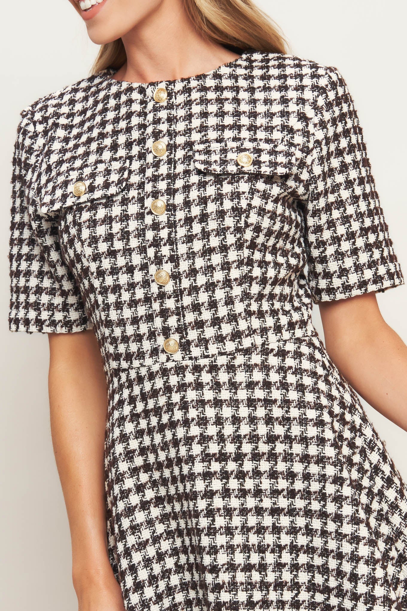 ELEGANT CHECK BROWN TWEED MINI DRESS - FINAL SALE - BROWN / M ELEGANT CHECK BROWN TWEED MINI DRESS - FINAL SALE - BROWN / M