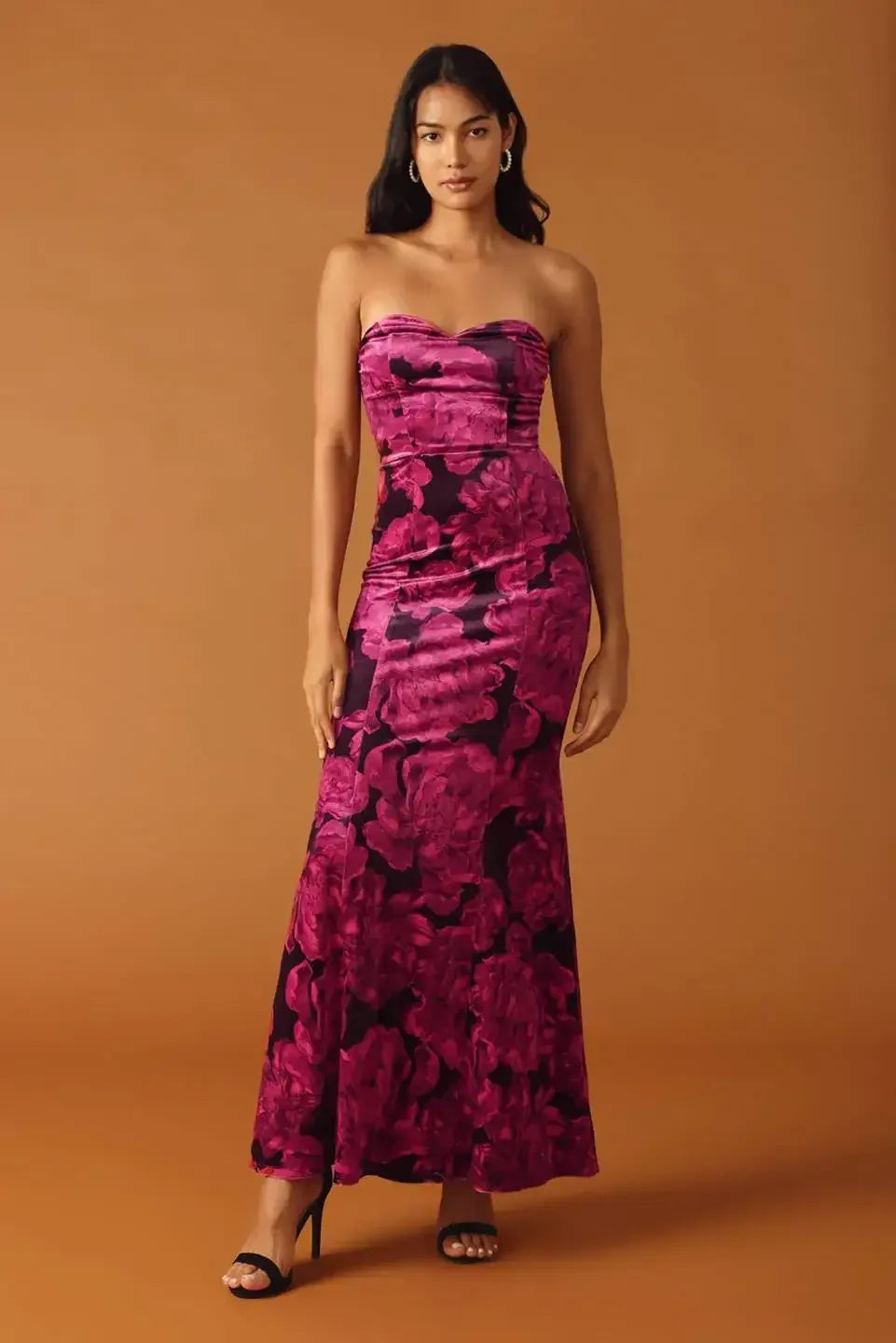 BERRY FLORAL STRAPLESS VELVET MAXI DRESS