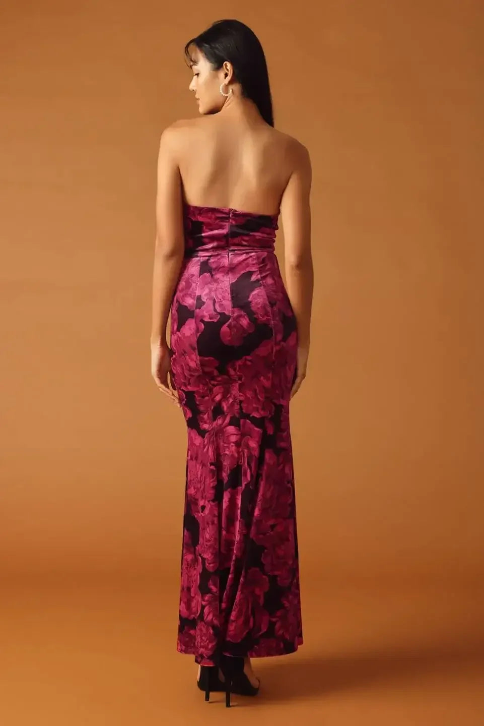 BERRY FLORAL STRAPLESS VELVET MAXI DRESS