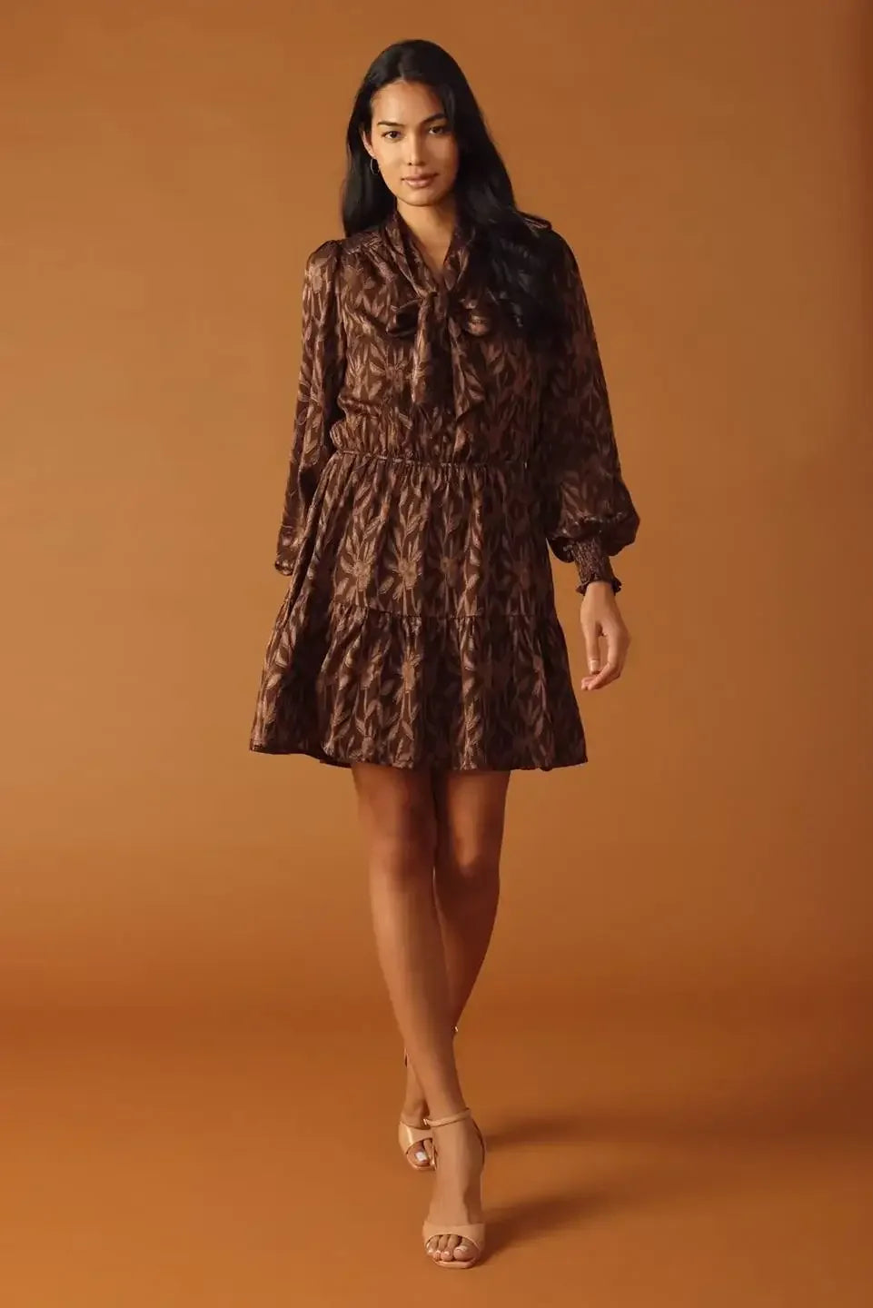 FALLING LEAVES LONG SLEEVE BROWN MINI DRESS