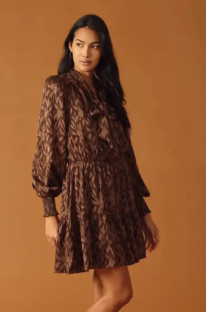 FALLING LEAVES LONG SLEEVE BROWN MINI DRESS