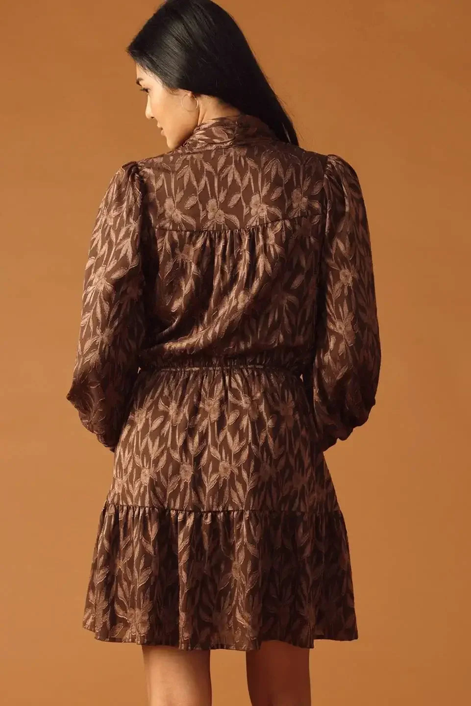 FALLING LEAVES LONG SLEEVE BROWN MINI DRESS