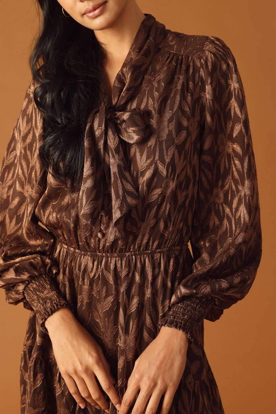 FALLING LEAVES LONG SLEEVE BROWN MINI DRESS