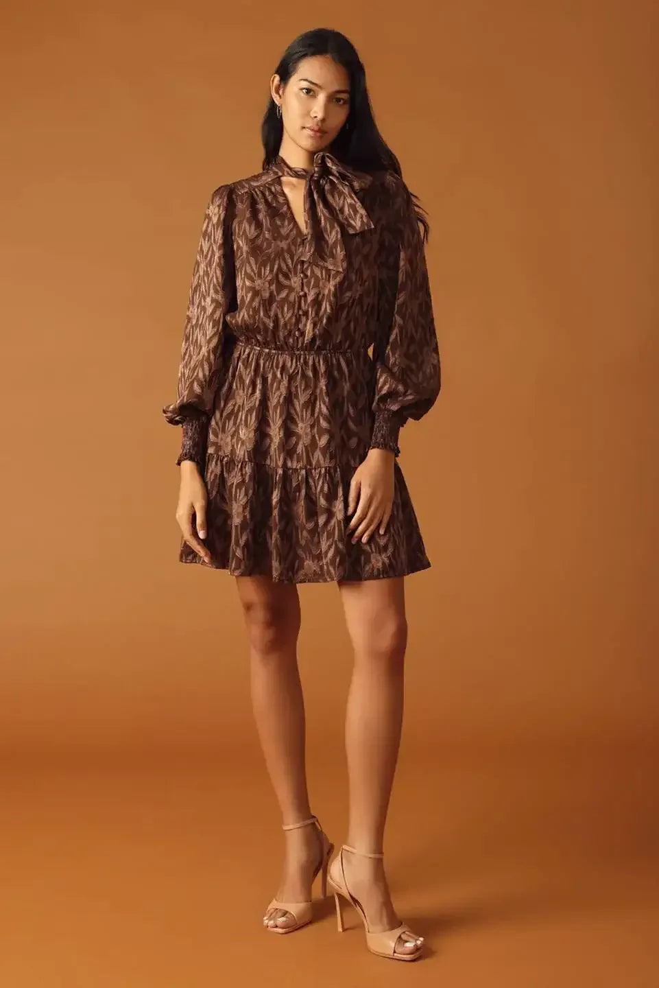 FALLING LEAVES LONG SLEEVE BROWN MINI DRESS