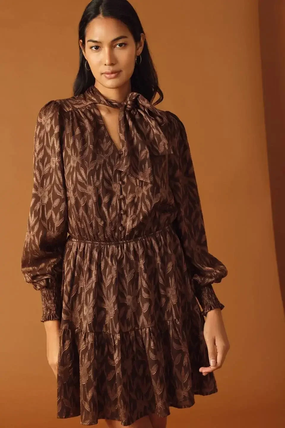 FALLING LEAVES LONG SLEEVE BROWN MINI DRESS