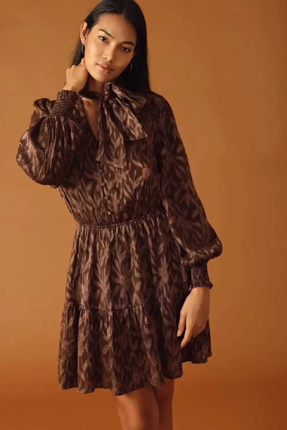 FALLING LEAVES LONG SLEEVE BROWN MINI DRESS