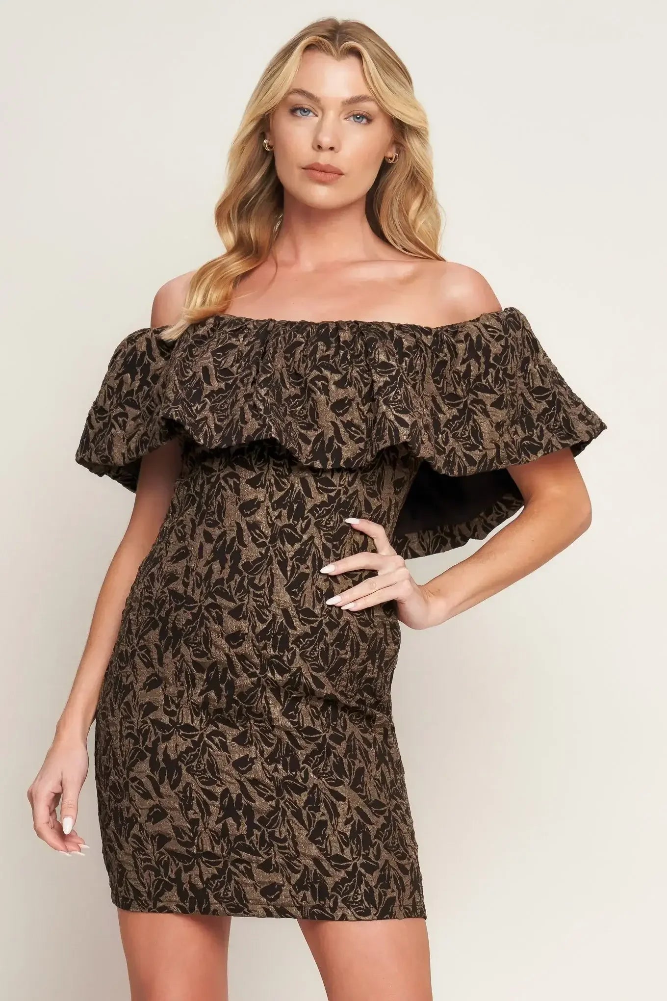 WHEREVER YOU MAY GO BROWN MINI DRESS WITH FLOUNCE