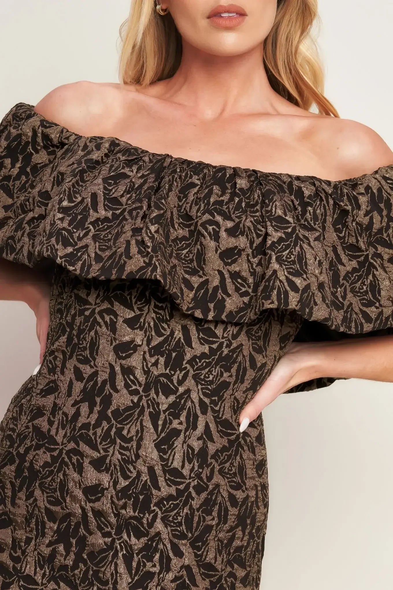 WHEREVER YOU MAY GO BROWN MINI DRESS WITH FLOUNCE