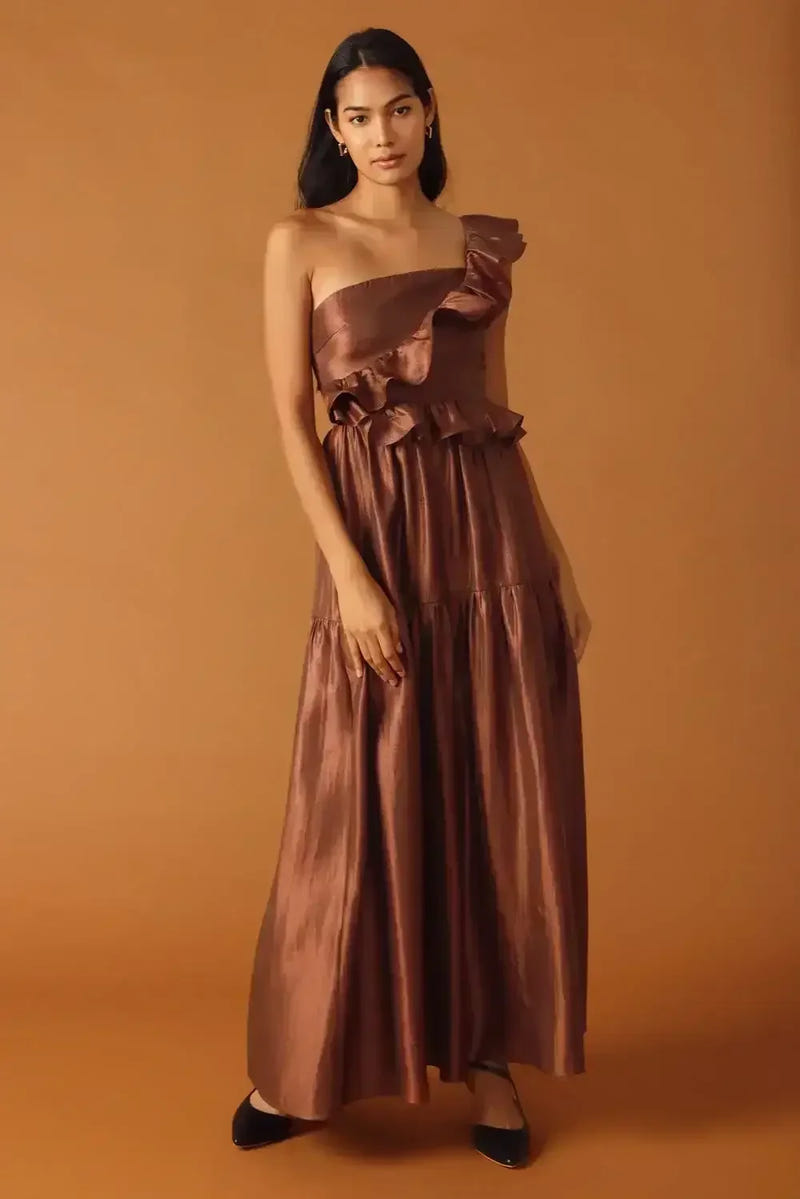 FIND THE ANSWER BROWN SATIN ONE SHOULDER MAXI DRESS - FINAL SALE