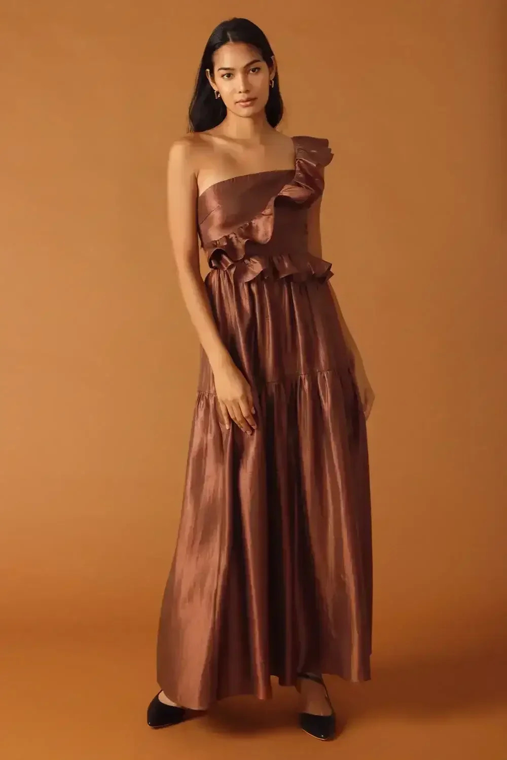 FIND THE ANSWER BROWN SATIN ONE SHOULDER MAXI DRESS - FINAL SALE