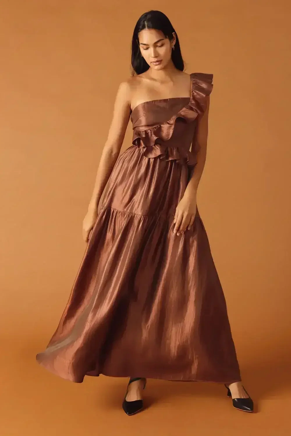FIND THE ANSWER BROWN SATIN ONE SHOULDER MAXI DRESS