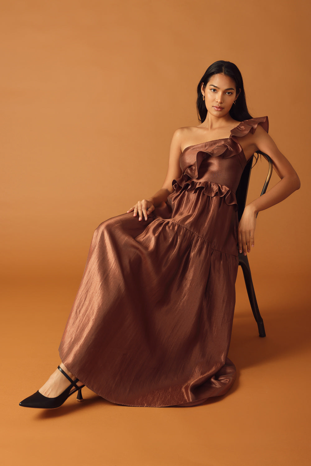 brown dress one shoulder Espresso Brown Linen Dress: One Shoulder Wedding Guest Dress