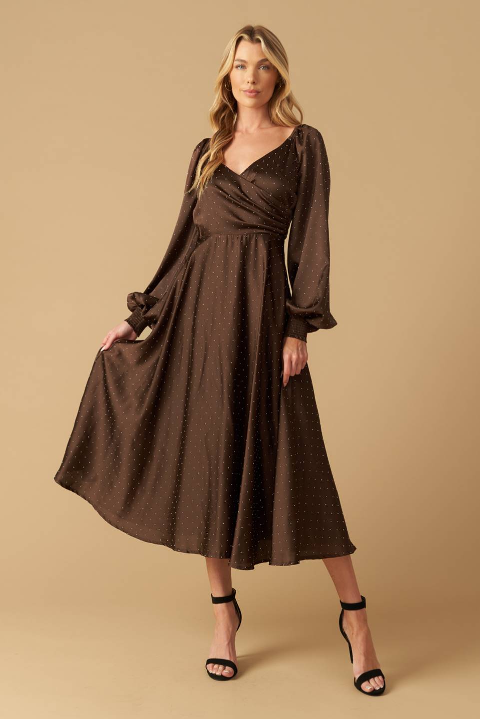 Lady Black Tie - Romantic Love - Brown Long Sleeve Midi Dress - Size 2x Lady Black Tie - Romantic Love - Brown Long Sleeve Midi Dress - Size 2x